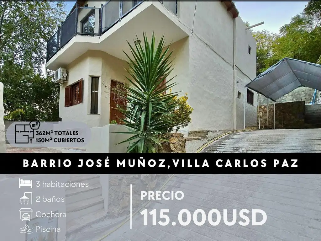 CASA DE 3 DOR C/PILETA EN JOSÉ MUÑOZ, VILLA CARLOS PAZ