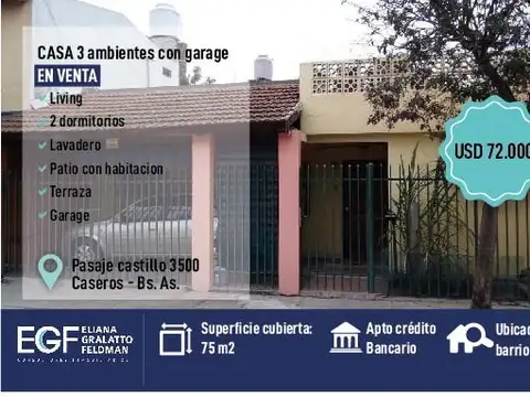 Venta casa 3amb + garagem barrio DERQUI caseros