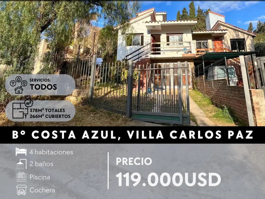 VENTA PH DE 4 DORMITORIOS CON PISCINA EN BARRIO COSTA AZUL, VILLA CARLOS PAZ