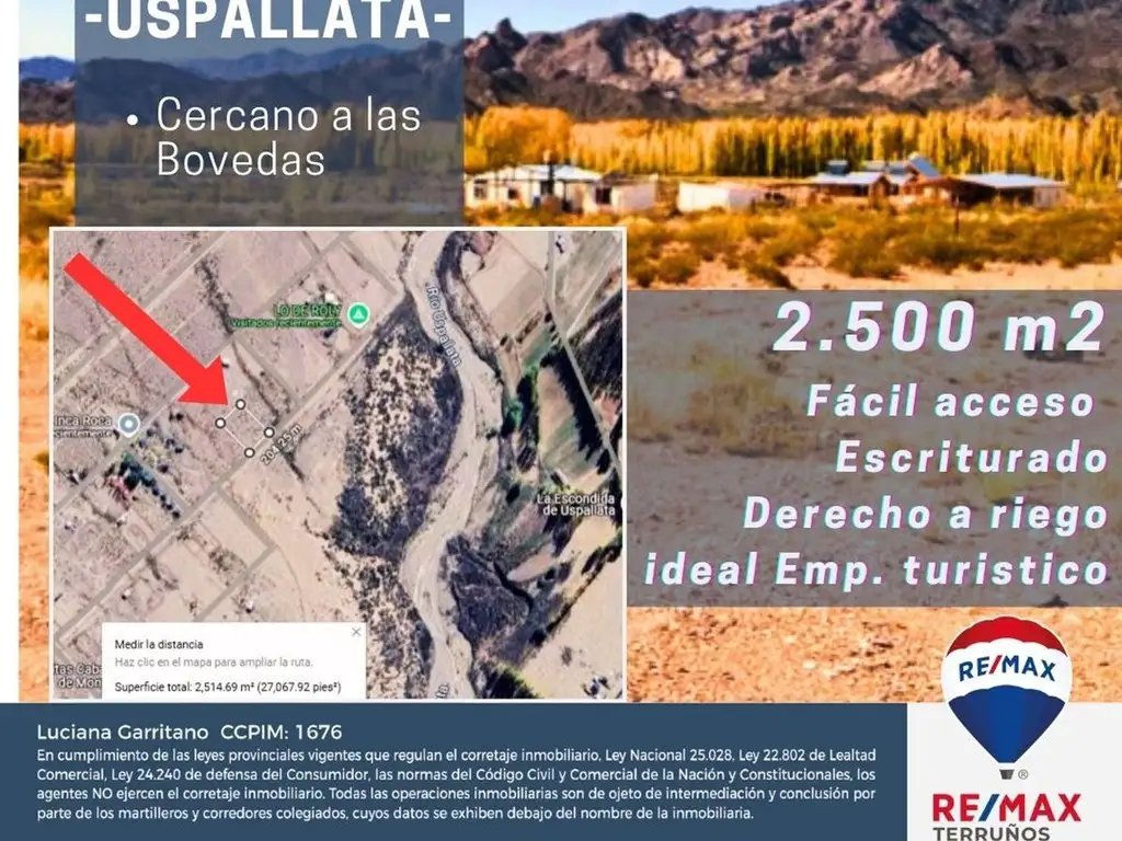 Lote en venta 2500m2 Uspallata - Mendoza